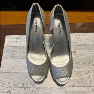 Express Silver Glitter Peep-Toe Heels